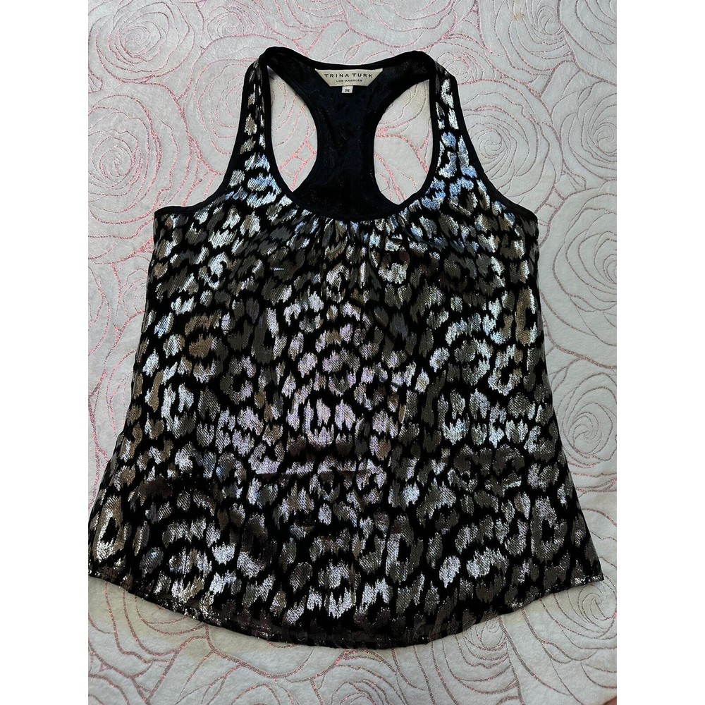 Trina Turk Women's Silk Sleeveless Line Tank Blouse Size S Black Silver Metallic